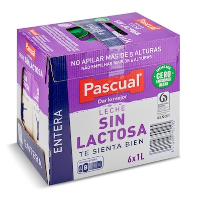 Leche entera sin lactosa Pascual pack 6 x 1 L-0