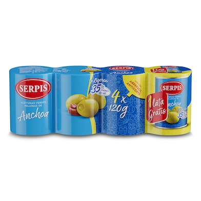Aceitunas rellenas de anchoa 35% menos sal Serpis 3+1 x 50 g-0