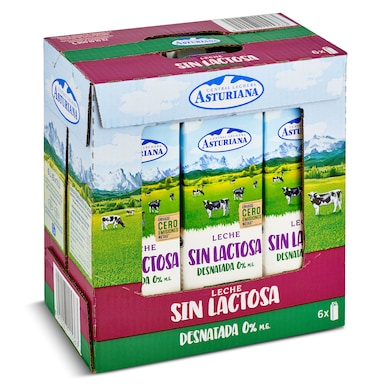 Leche desnatada sin lactosa Asturiana pack 6 x 1 L-0