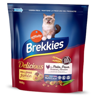 Alimento para gatos con pollo y pavo rellenas de jamón Brekkies Delicious 900 g-0