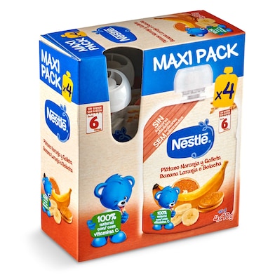 Alimento infantil con puré plátano, naranja y galleta Nestlé 4 x 90 g-0