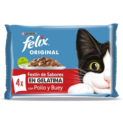 Alimento para gatos en gelatina con pollo y buey Felix 340 g-0