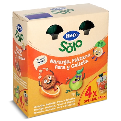 Alimento infantil con puré naranja, plátano, pera y galleta Hero 4 x 100 g-0